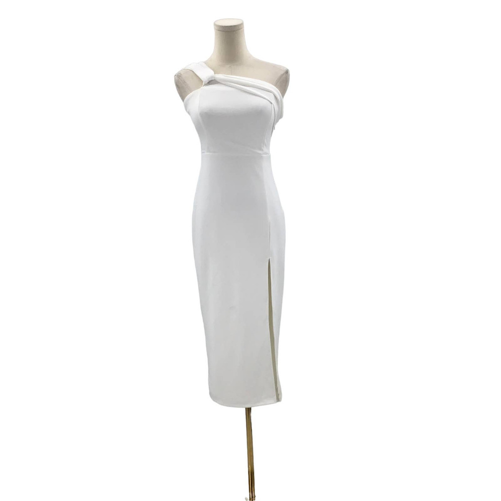 LULU'S XS white one shoulder bodycon side slit party midi dress NEW  B44